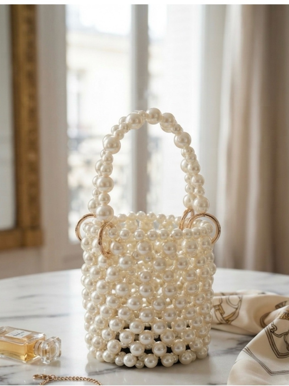 Pearl Beaded Bucket Bag, Vintage Style Statement Purse, Wedding Guest Bag - Picture 4 of 6